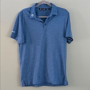 Travis Mathew Men’s Polo Heathered Blue Lightweight “Paylocity” Logo on sleeve